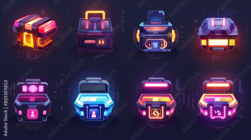 Poster boxes with futuristic technology, loot boxes with electronic locks and displays with neon lighting. 