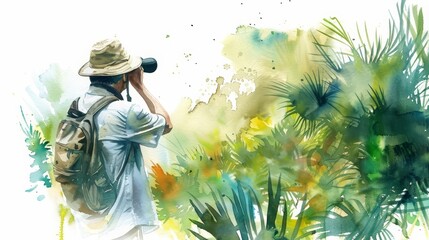 A charming watercolor painting of a birdwatcher observing through binoculars in a lush wetland, Clipart minimal watercolor isolated on white background