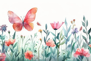 A charming watercolor painting of a butterfly garden with fluttering wings and blooming flowers, Clipart minimal watercolor isolated on white background