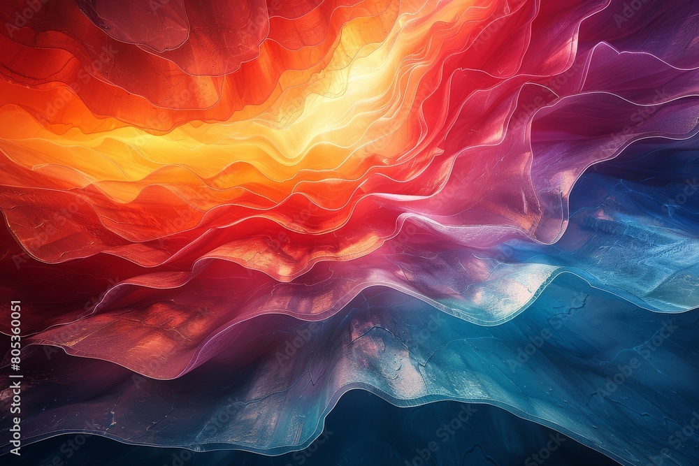 Poster vibrant, abstract image features flowing waves of color creating an artistic texture