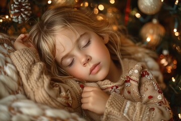 A sleeping girl in a festive sweater, surrounded by warm holiday lights and Christmas decor