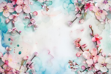 A creative watercolor template with a flat lay style showcases springtime blossoms arranged neatly around a central blank space