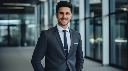 Fototapeta premium A young professional is standing in an office building smiling