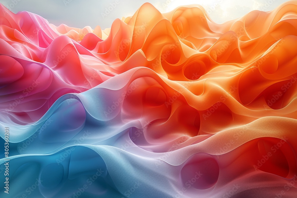 Poster vibrant digital artwork with flowing wave patterns transitioning from warm to cool colors, represent