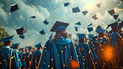 Young happy graduates with their graduation hats in the air celebration time. Group of excited students tossed their academic hats into the air while celebrating their graduation day 4k