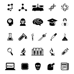 These are some logos or icons related to science. Namely such as molecules, formulas, chemical bottles and even bottles containing poison and there are also telescopes and magnets.