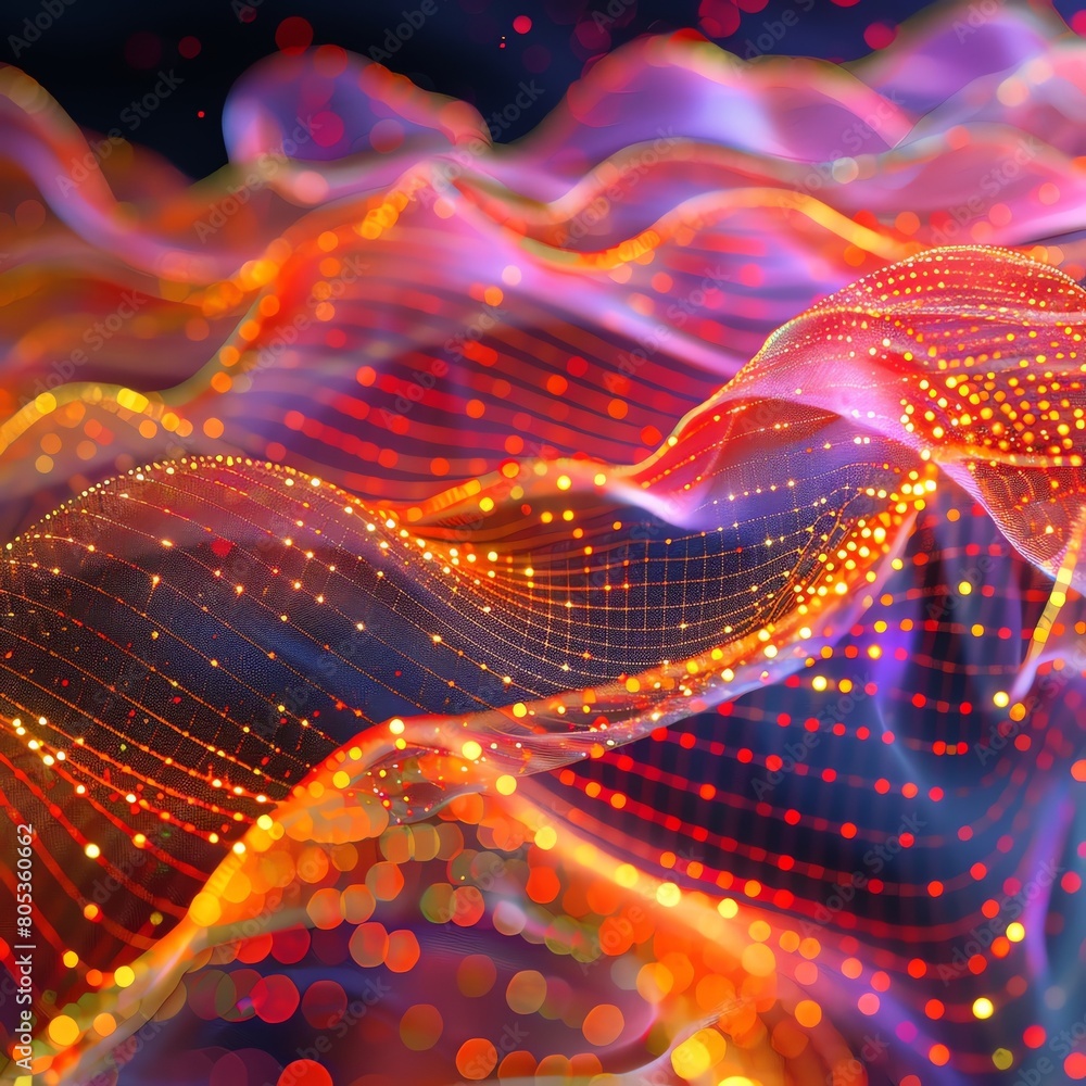 Poster digital waveforms, closeup, flowing lines of light, dynamic, future tech abstraction