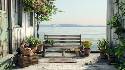 An intimate patio space with panoramic views of Puget Sound, where a vintage wooden bench 