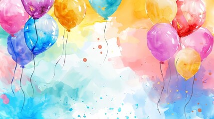A creative watercolor template of colorful balloons composition frames a joyful scene for celebrations and parties