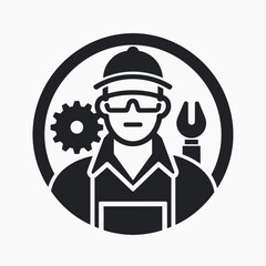 Obraz premium Mechanic icon UI design black round frame flat linear vector icon whte background