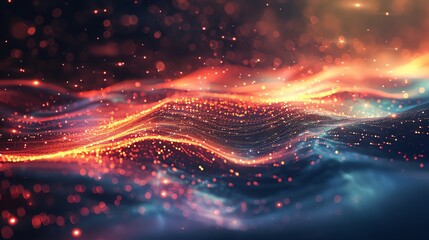 Fototapeta premium Ethereal tech landscape, panoramic, circuits weaving through mystical light, softfocus, magical