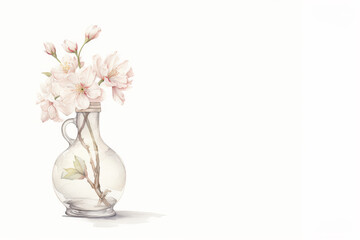 Single stem of cherry blossom in a delicate vase, subtle watercolor, hand-drawn clipart, watercolor, hand-drawn, floral decor, botanical, clipart