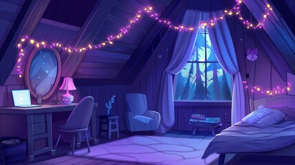 This modern illustration shows a dark teenager's bedroom with a laptop on a desk, a cozy bed and chair, a mirror on the wall, garland lights, and a forest view.