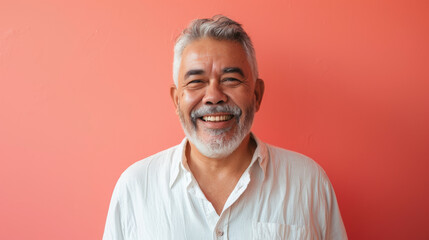 A man with a white shirt and gray hair is smiling at the camera