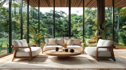 Fototapeta premium Modern living room with nature view 3d rendering Image. There are decorate room with wood. There are large window overlooking the surrounding nature and forest