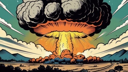 Huge nuclear bomb explosion with a mushroom cloud, weapon of mass destruction. Retro comic style