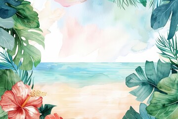 A tropical themed beach flag waves within a creative watercolor template