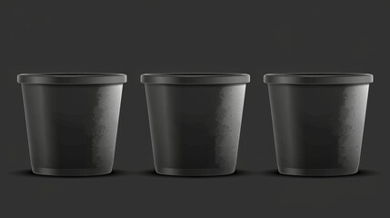 3D ice cream bucket mockup with blank surface ready to brand. Paper tub for meal storage. Set of realistic black food containers isolated on transparent background.