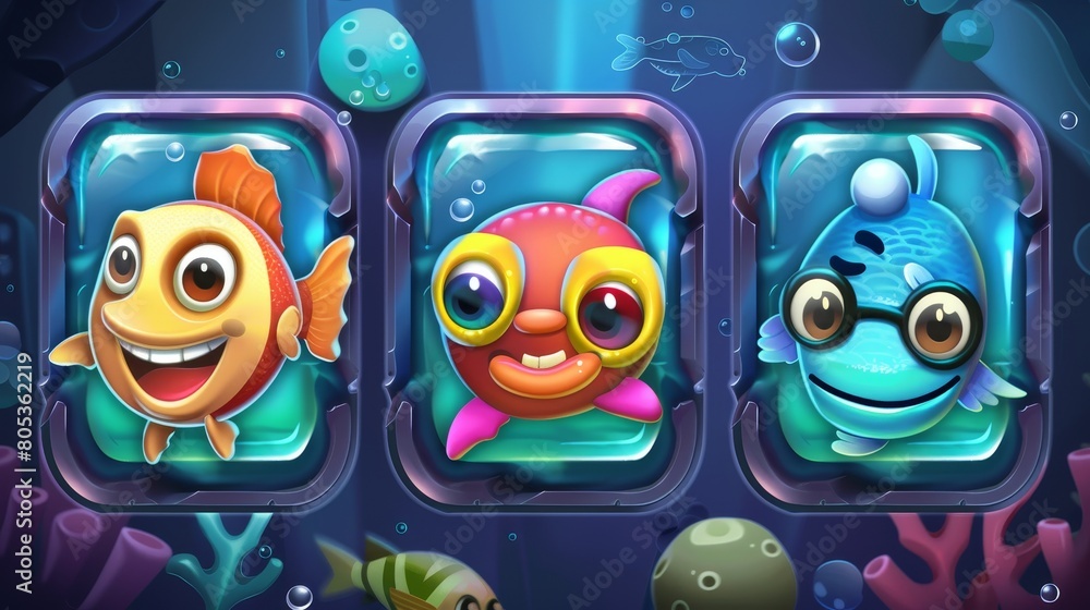 Poster ui interface with fish slot icon. modern mobile application design with a progress bar asset featuri
