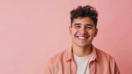 A man with curly hair is smiling and wearing a pink shirt