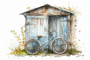 A watercolor painting depicts a vintage bicycle leaning against a rustic barn, Clipart minimal watercolor isolated on white background