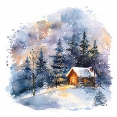 Naklejka premium A watercolor painting of a snowy forest scene with a small cabin aglow with warm light, Clipart minimal watercolor isolated on white background