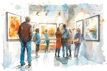 Naklejka premium A watercolor painting of an art gallery opening with guests admiring various works, Clipart minimal watercolor isolated on white background