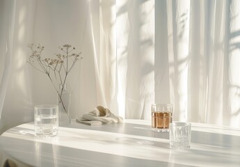 Soft sunlight filters through sheer curtains creating a tranquil still life scene on a simple table
