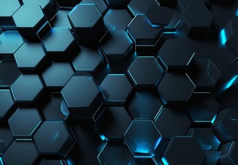 An intricate pattern of hexagons in varying shades of blue, highlighted by neon light accents suggesting a technological or scientific theme