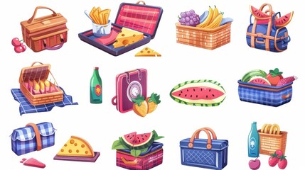 Objects collection of takeaway lunch food game objects. Picnic basket with blanket for park party cartoon set. Cutboard with cheese, tomato, watermelon and grapes.