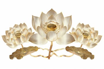 Obraz premium Gold colored lotus flowers and leaves against a white background, embodying purity and enlightenment