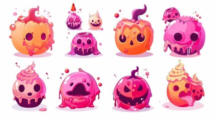 Icons for Ui fantasy asteroid or orbit cosmic concept collection. Round colorful funny pink dessert illustration for space game world.