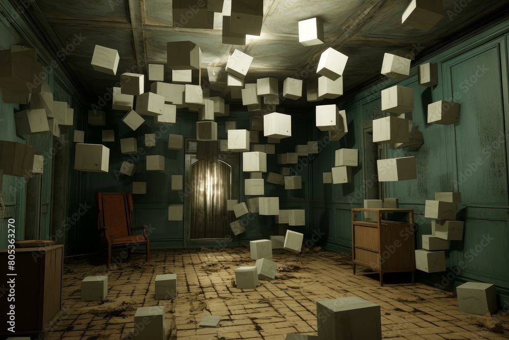 Poster uniform square blocks room design. cube style decoration render. generate ai