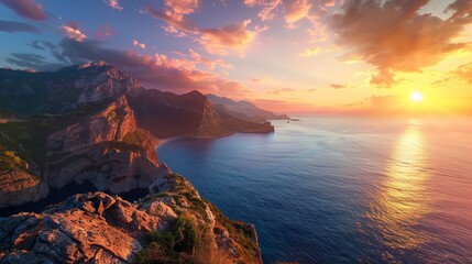 A stunning view of a sun setting over the ocean with warm light hitting the cliff faces and calm sea