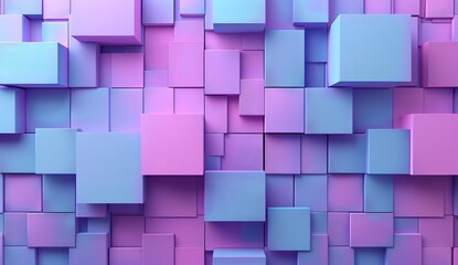 Vibrant 3D render of numerous geometric blocks in varying shades of blue and pink, creating a playful and dynamic image