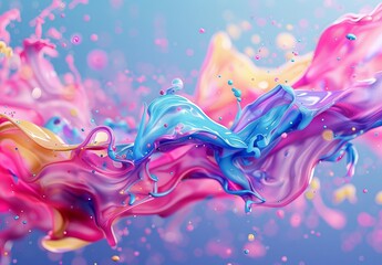 An energetic artwork with a fluid flow of vibrant pink, blue, and yellow paints, creating an abstract dreamy feel