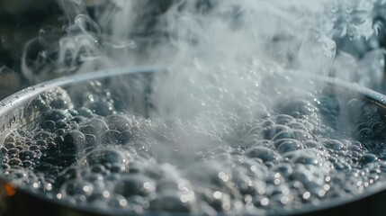 Boiling water as it boils and steams.
