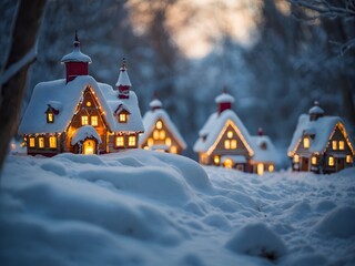 Magical Snowscape, Winter Fairy Village Dressed in Christmas Spirit.
