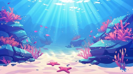 Seabed with coral reefs and rocky stones, sunlight penetrating the water surface, blue sky horizon, deep ocean flora and starfish. Modern illustration of seabed with coral reefs and rocky stones.
