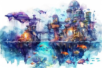 Discover a hidden underwater city depicted in a Kawaii creative futuristic charismatic watercolor painting