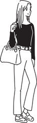 若い女性が歩いているスケッチ風のモノクロ線画イラスト