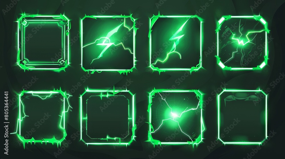 Poster frames made of glowing neon lightning. realistic modern sets of squares and rhombuses. electric powe