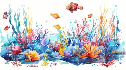 Exotic marine life thrives in the vibrant depths of a Kawaii creative futuristic charismatic watercolor painting