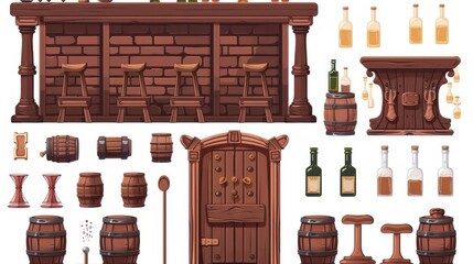 This cartoon set includes wooden doors and bar counters, chairs, stools, glass bottles, and wooden barrels with beer. The entire set is made up of vintage western tavern and saloon interior elements.