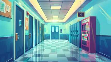 A cartoon illustration of an empty elementary or high school hallway with doors to classrooms, lockers, vending machines, noticeboards and bells.