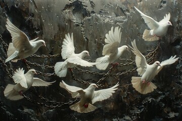 White doves in chains, for freedom day, peace day or juneteenth