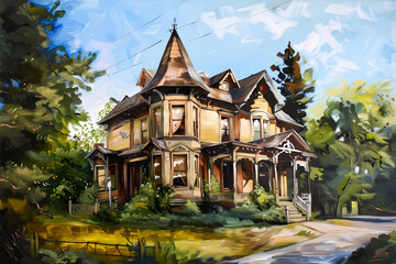 Fototapeta premium Carpenter Gothic Style House (Oil Painting) - United States in the mid-19th century, characterized by a steep pitched roof with gables, decorative trusses, and ornate details
