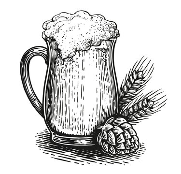 Illustration of a Beer mug with foam in engraving style. Restaurant or pub menu design element. Sketch drawing