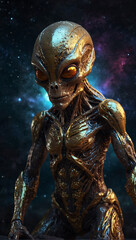 a strange space alien creature, with a golden metallic color and crystal elements 05