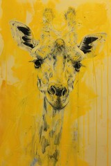 This stunning image captures a giraffe in a unique graffiti art style on a vibrant yellow background, creating a striking visual